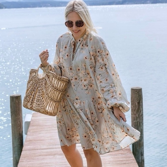 H&M Sunflowers Floral Balloon Sleeve Boxy Relaxed Drop Waist Shift Dress Size 12 - Picture 3 of 10